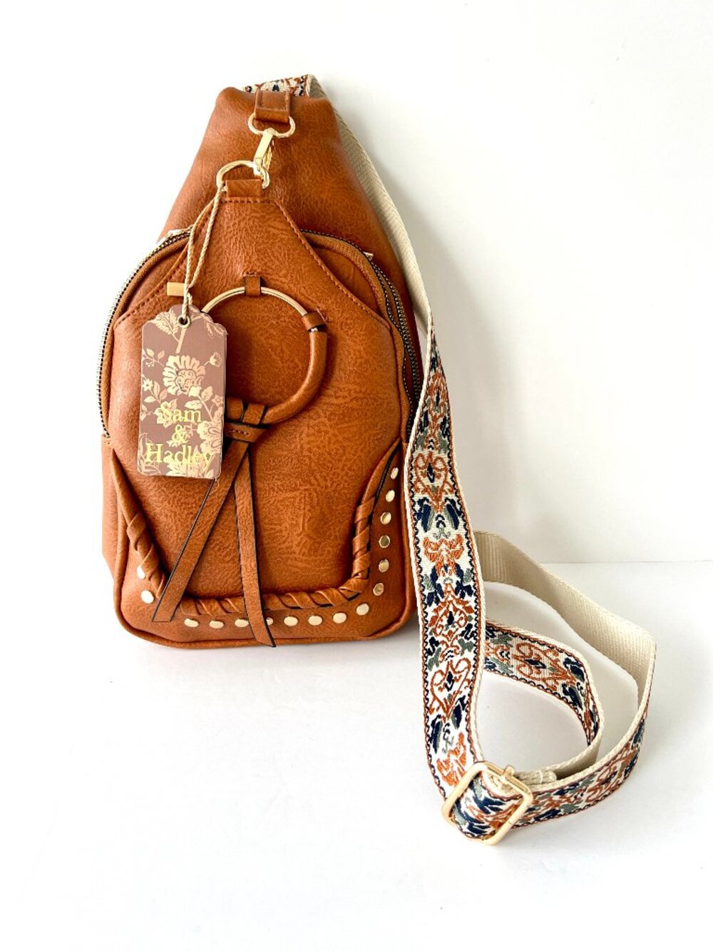 Sam & Hadley Deluxe Sling Backpack Cognac Brown Faux Leather, Studded, BOHO NWT